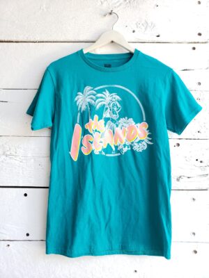 T-shirt algodón turquesa "The islands"; serigrafía.